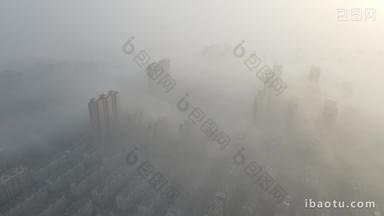 城市晨雾高清航拍实拍
